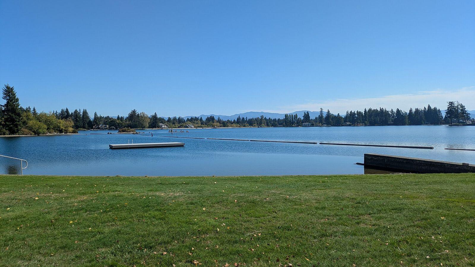 Lake Tapps on a sunny day with a grassy shoreline, a floating dock, and evergreen trees across the water