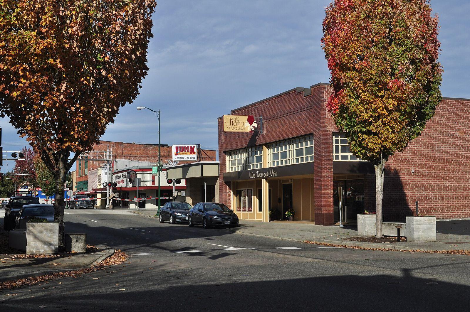 Brick storefronts and autumn trees along North Meridian in downtown Puyallup on a clear day