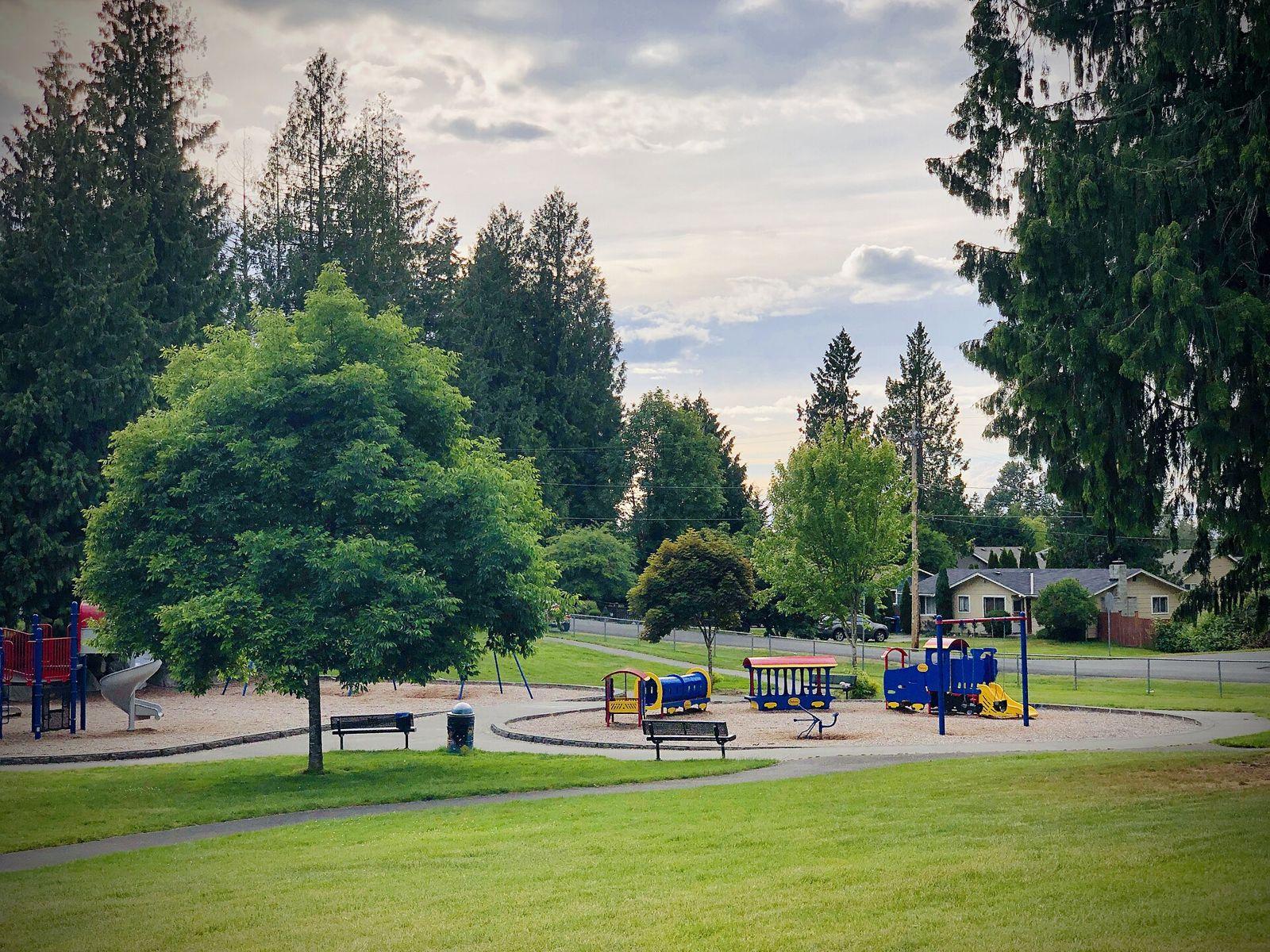 Neighborhood park with a playground and mature trees in Bonney Lake