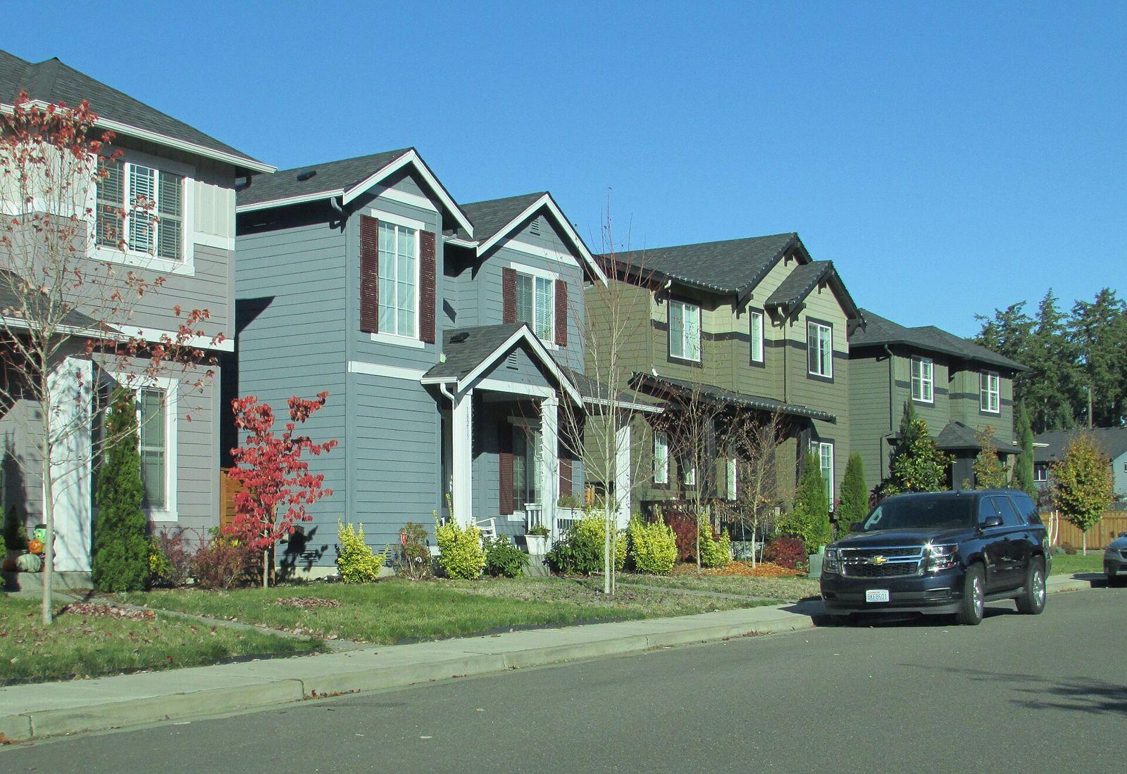 Row of newer two story homes with landscaping along a quiet Tehaleh street